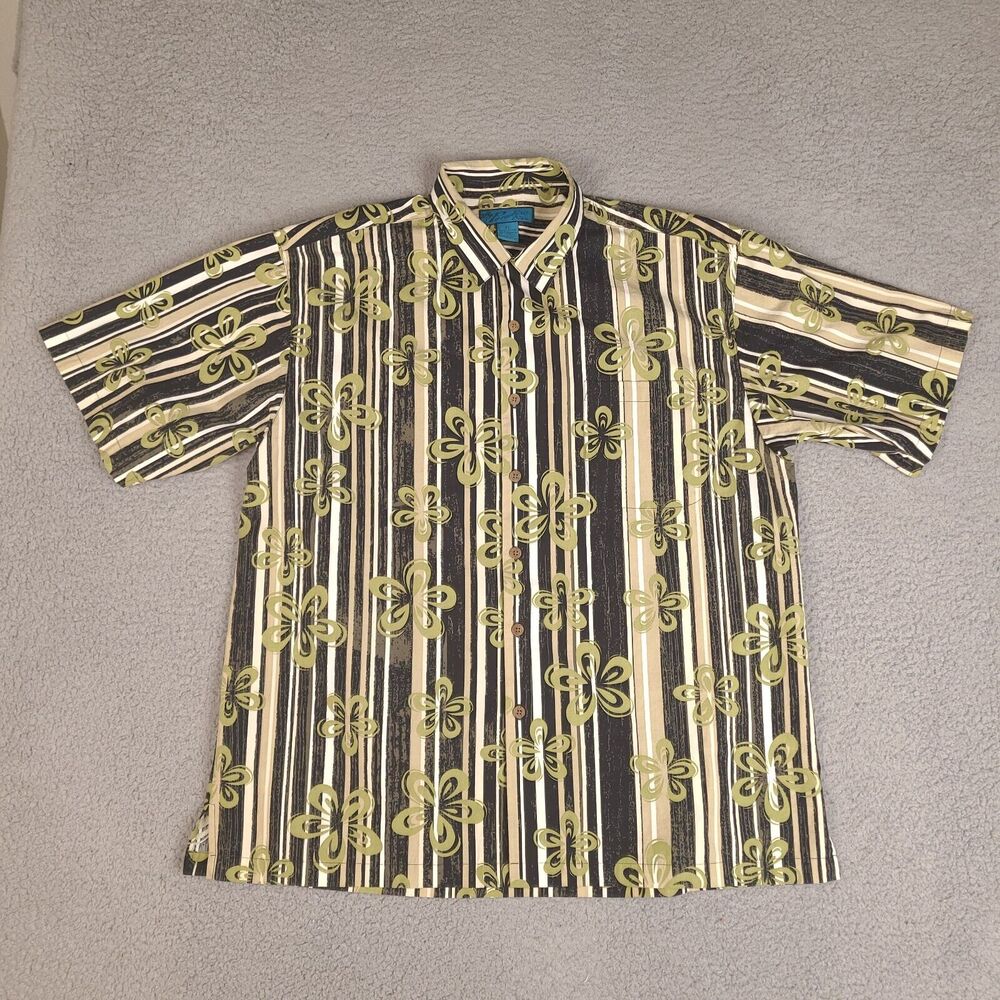 Paradise Blue Hawaiian Shirt Mens XL Floral Striped Button Down Cotton Bamboo‎